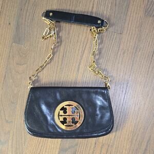 Tory Burch Black Leather Clutch with Gold Crossbody Chain